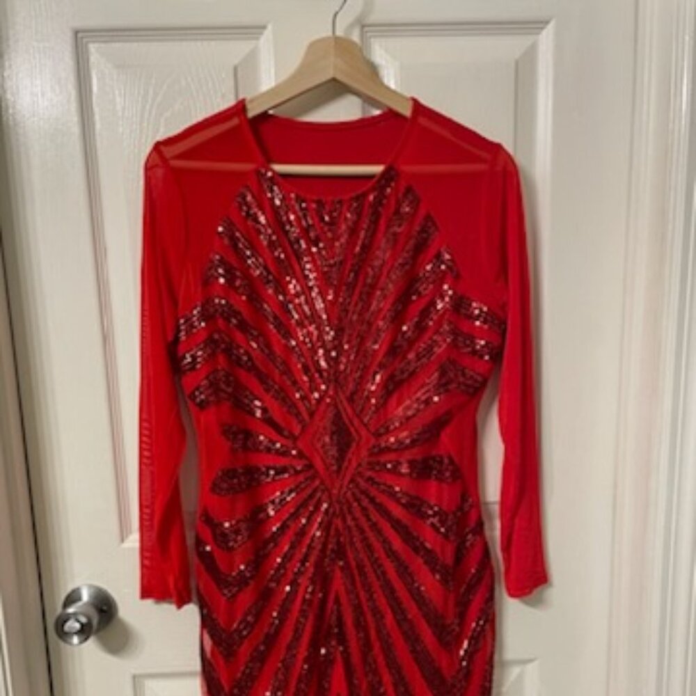 Red sequined long sleeved dress